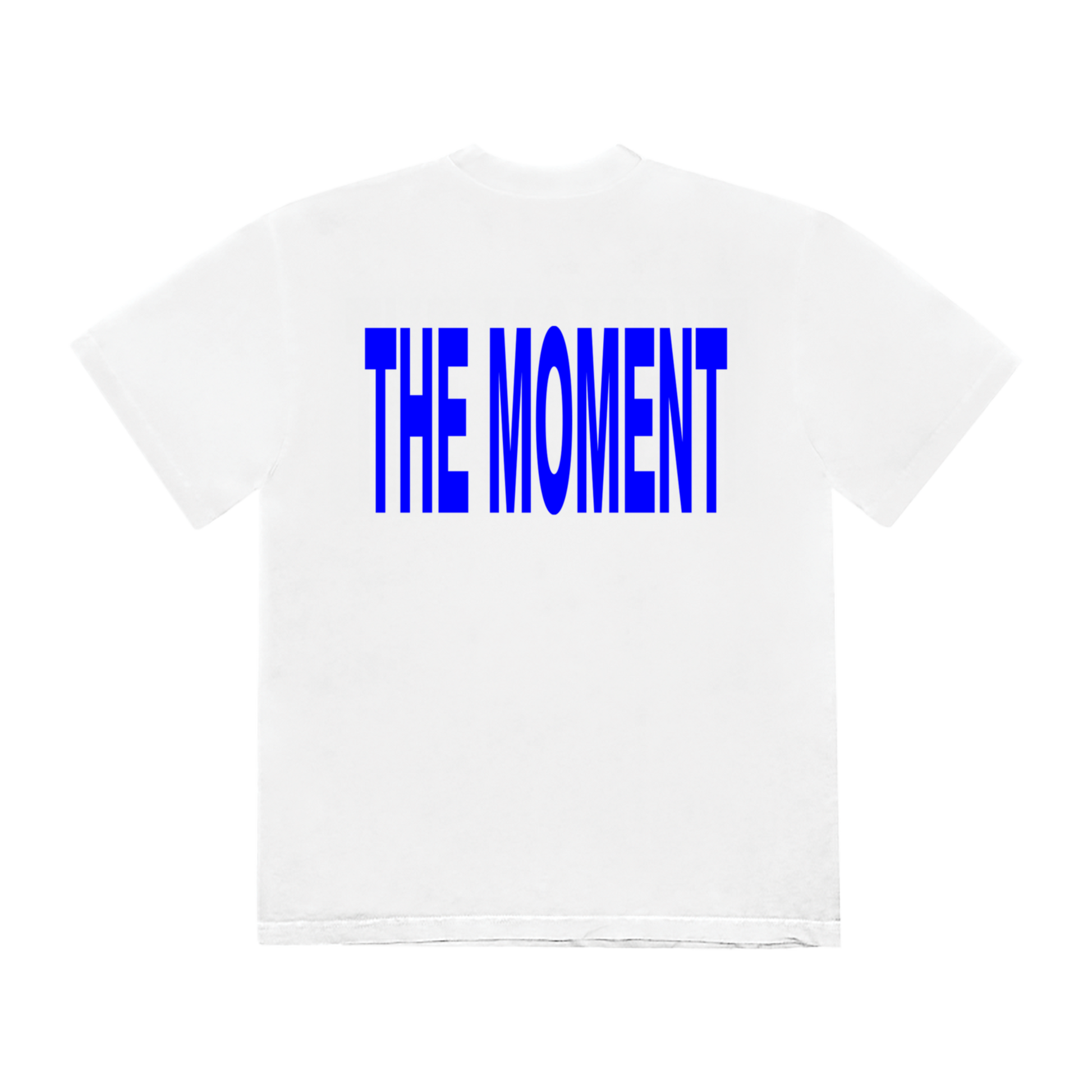 White t-shirt with 'THE MOMENT' printed in blue 