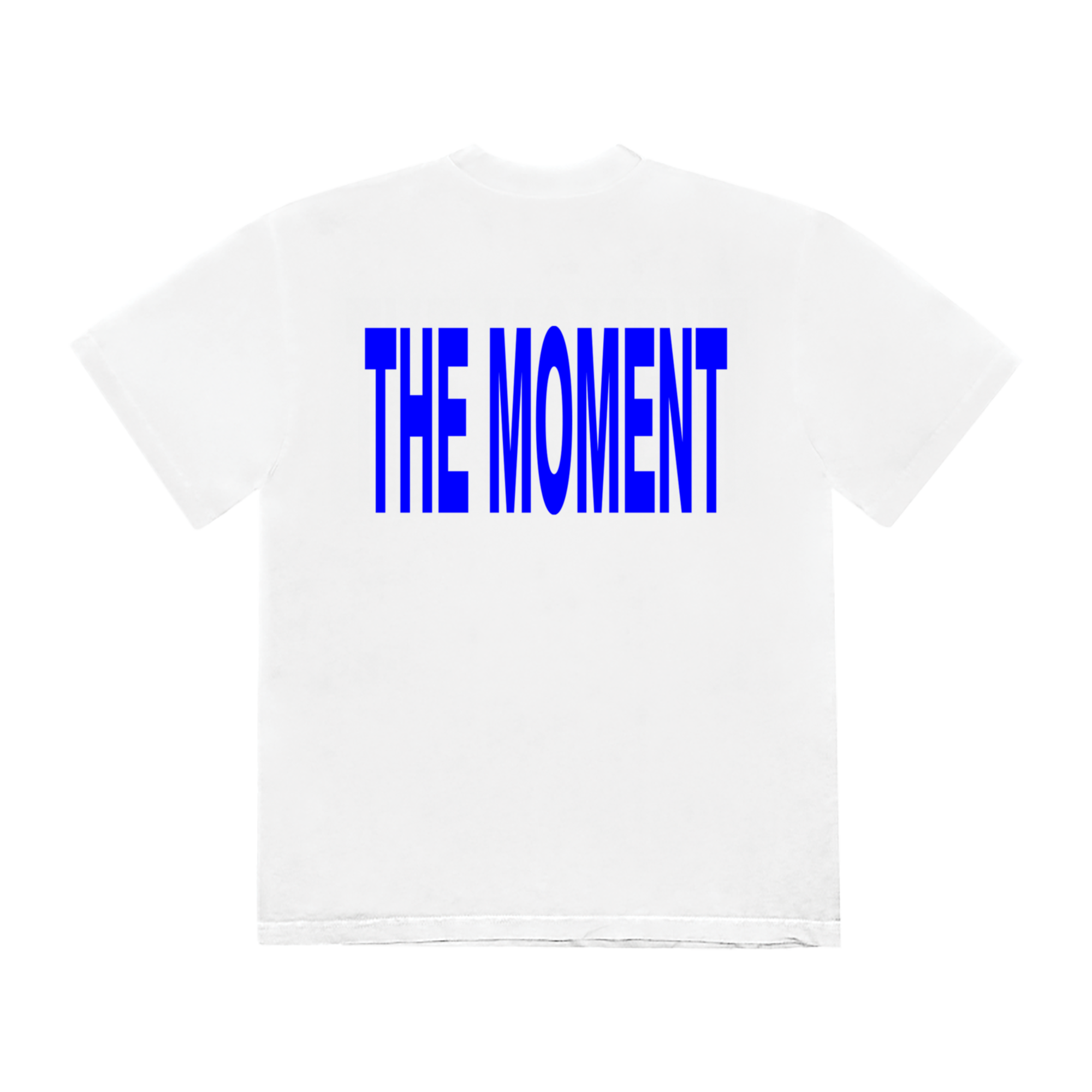 White t-shirt with 'THE MOMENT' printed in blue 